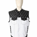 Premium Mens Black & White perforated Leather Biker Vest