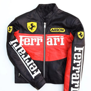 Black, red, and white Ferrari jacket with logos on a white background