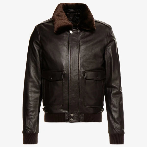 Men's Dark Brown Leather Fur Collar Bomber Jacket