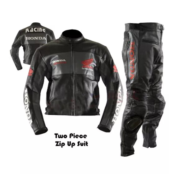 Honda Racing Black Two Piece Zip Up Motorcycle Genuine Cowhide Leather Suit