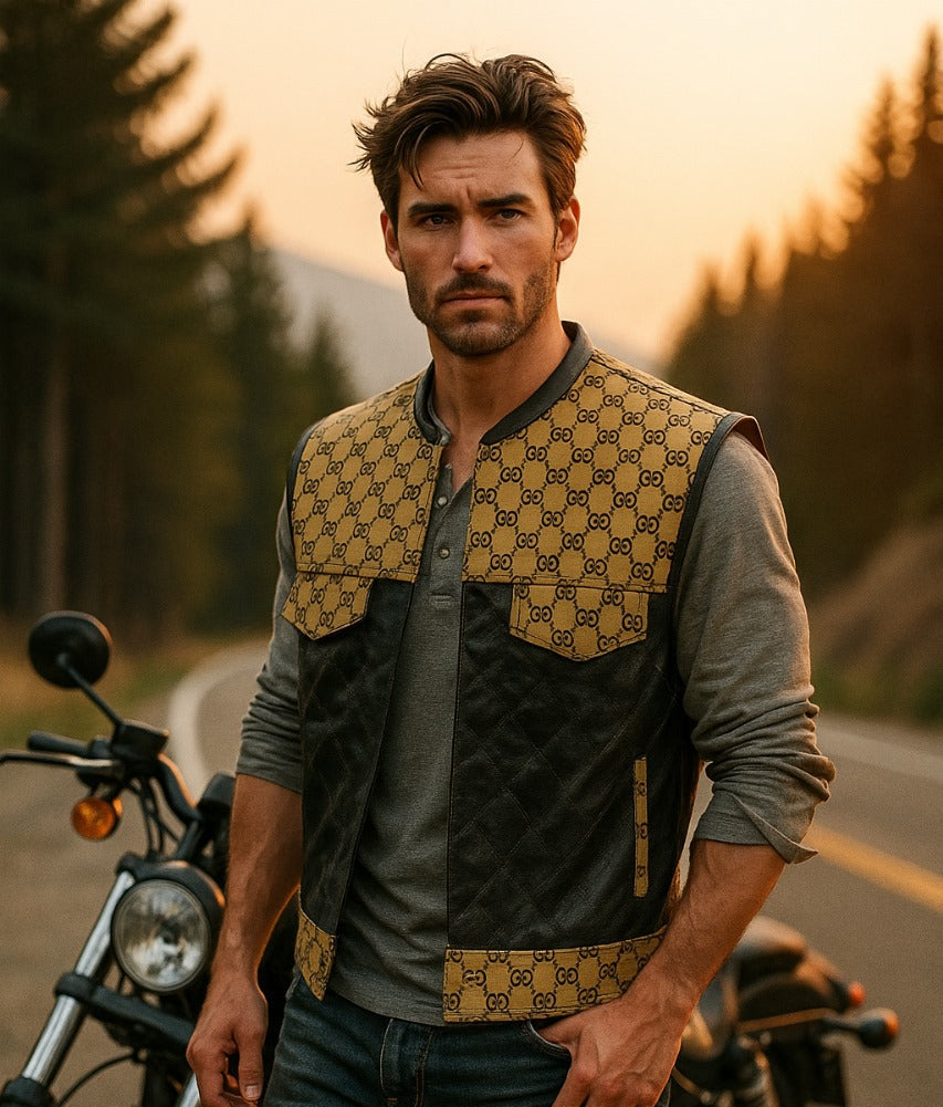 Men’s Luxury G*cci Leather Biker Vest Designer Pattern & Quilted Finish - LEATHER CHAPTER