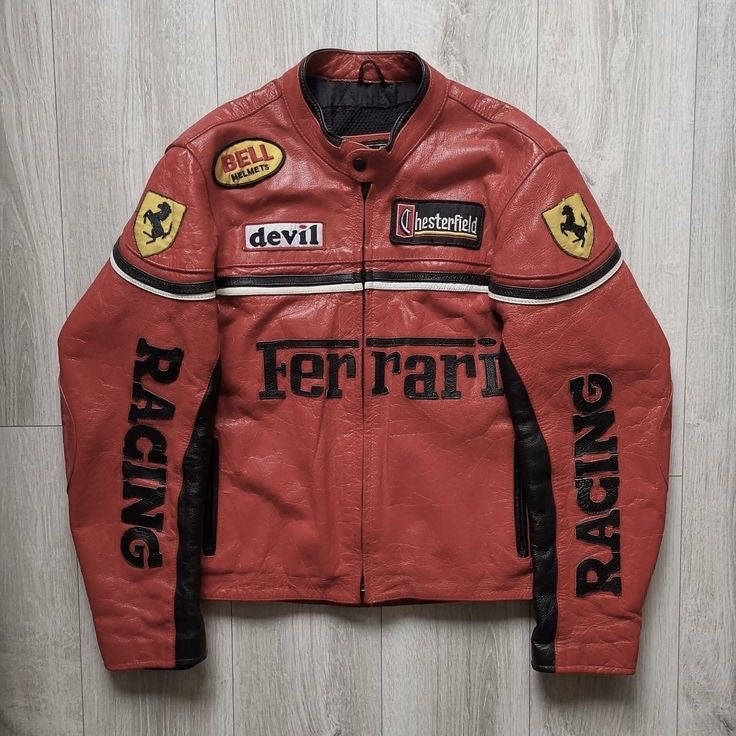 Vintage Ferrari Racing Leather Jacket – 100% Cowhide | Men's Motorsport Style - LEATHER CHAPTER