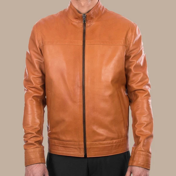 Lambskin Leather Tan Bomber Jacket For Men