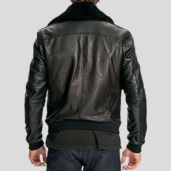 Mens Black Air Force Leather Bomber Jacket Fur Collar