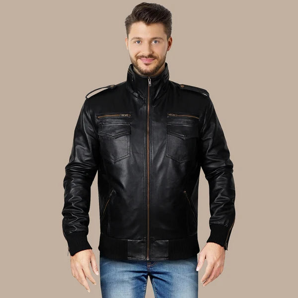 Men's Black Classic Pure Leather Bomber Jacket