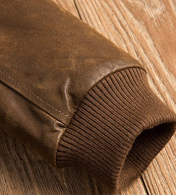 Men’s Brown Bomber Leather Jacket with Rib Collar