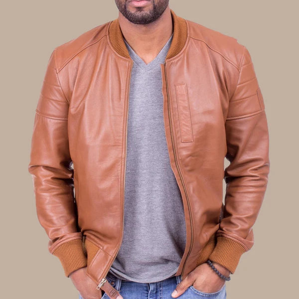 Mens Camel Color Lambskin Leather Bomber Jacket