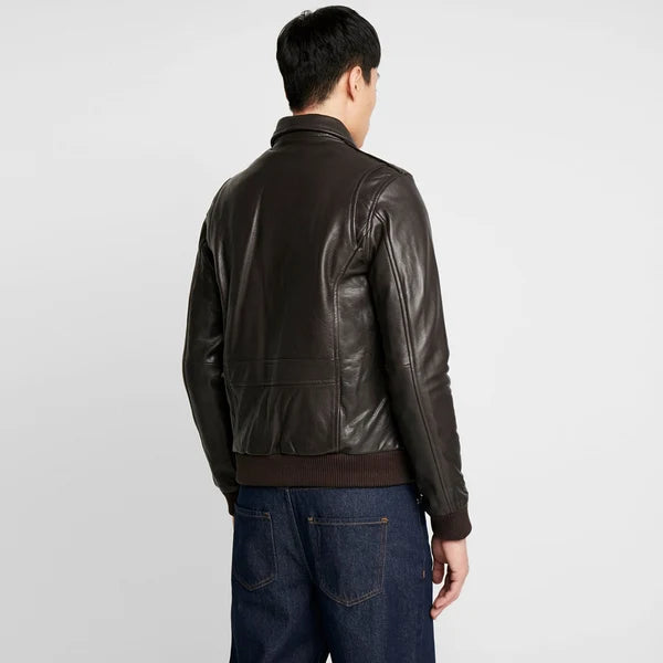 Men's Dark Brown Leather Fur Collar Bomber Jacket