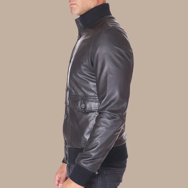 Men's Genuine Leather Black Bomber Jacket