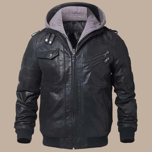 Men’s Black Bomber Leather Jacket with Hood