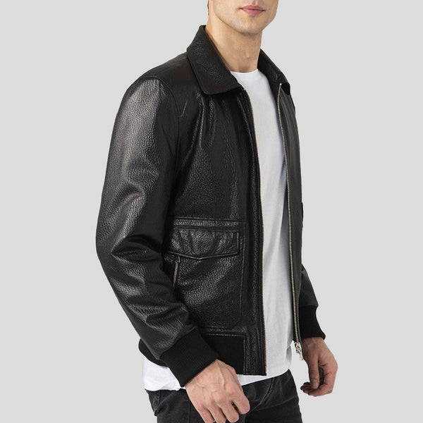Men's Black Shirt Collar Bomber Leather Jacket