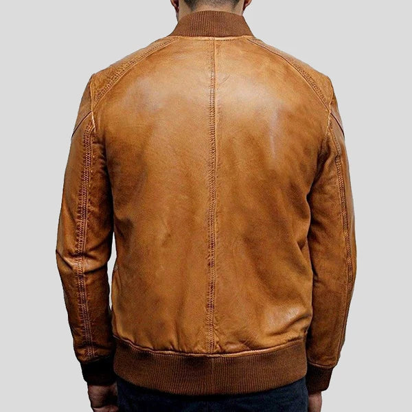Mens Tan Brown Waxed Sheepskin Leather Bomber Jacket