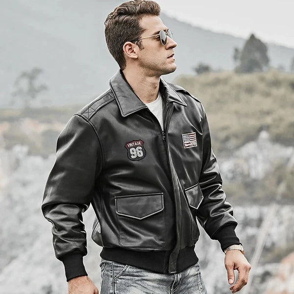 Men’s Black Bomber Leather Jacket Air Force Pilot Style