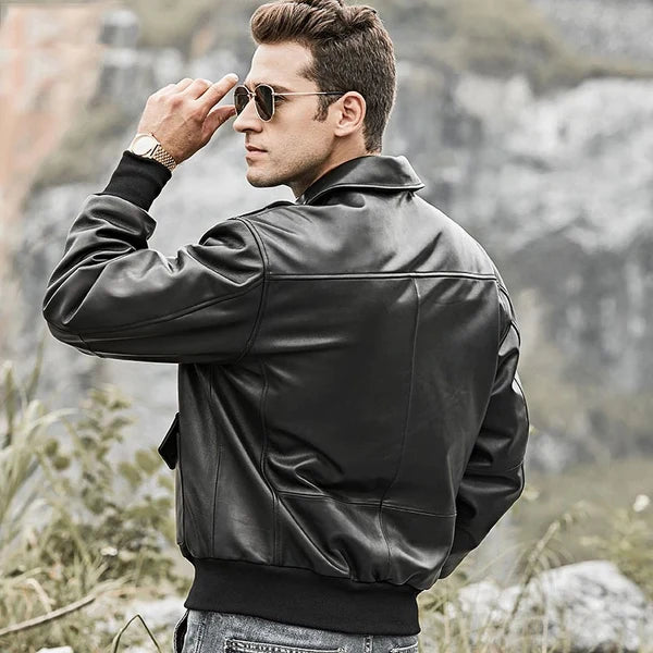 Men’s Black Bomber Leather Jacket Air Force Pilot Style