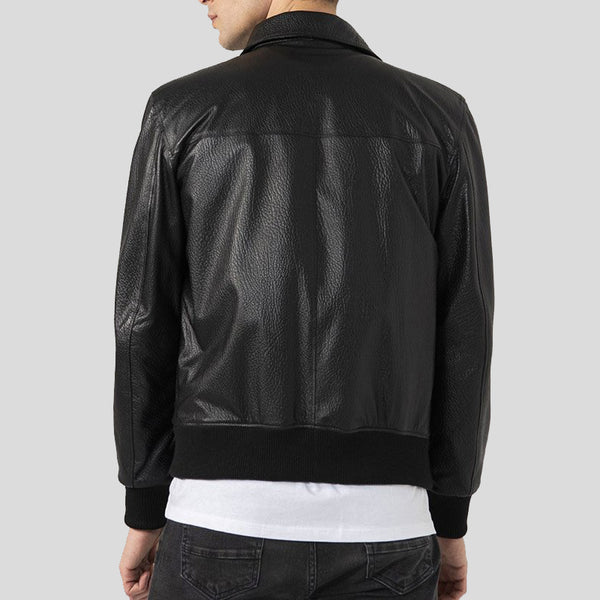 Men's Black Shirt Collar Bomber Leather Jacket
