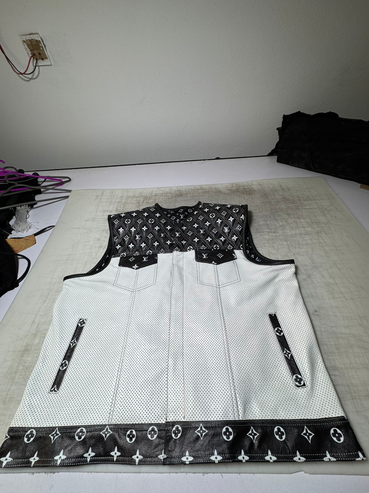 Lo*uis Vuit**n Premium Branded Black and White perforated leather Biker Vest - LEATHER CHAPTER