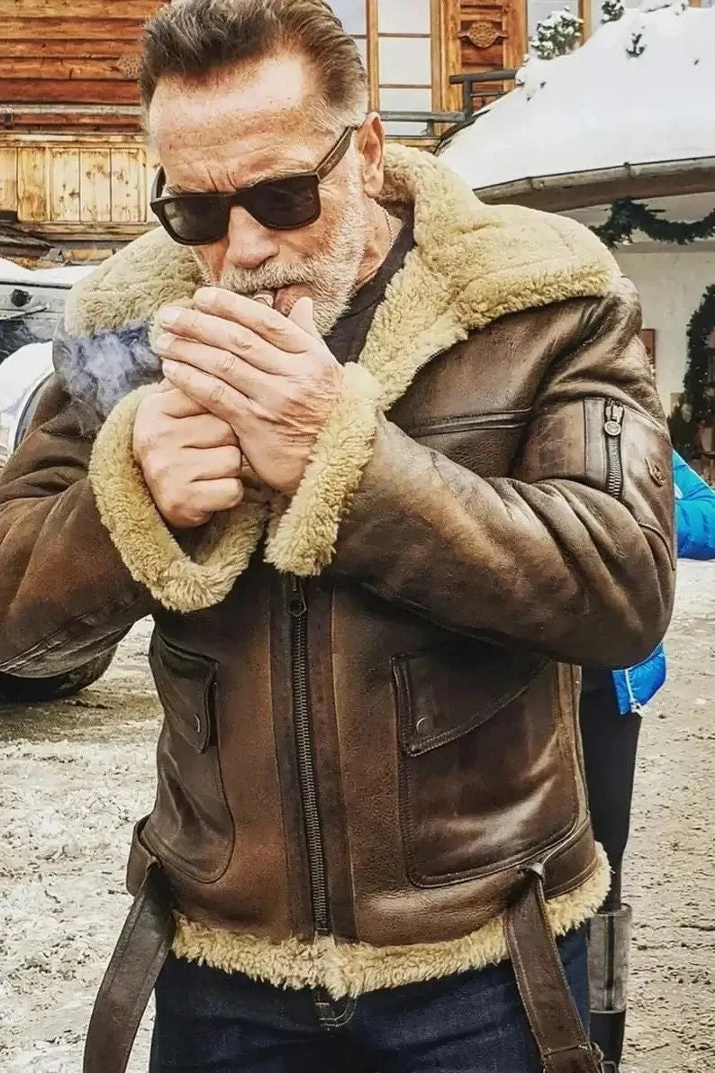 Handmade B3 Bomber Aviator Shearling Fur Jacket | Sheepskin Shearling Fur Flying pilot Winter Jacket | Men's Brown RAF Real Leather Jacket - LEATHER CHAPTER