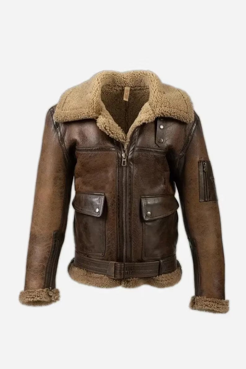 Handmade B3 Bomber Aviator Shearling Fur Jacket | Sheepskin Shearling Fur Flying pilot Winter Jacket | Men's Brown RAF Real Leather Jacket - LEATHER CHAPTER