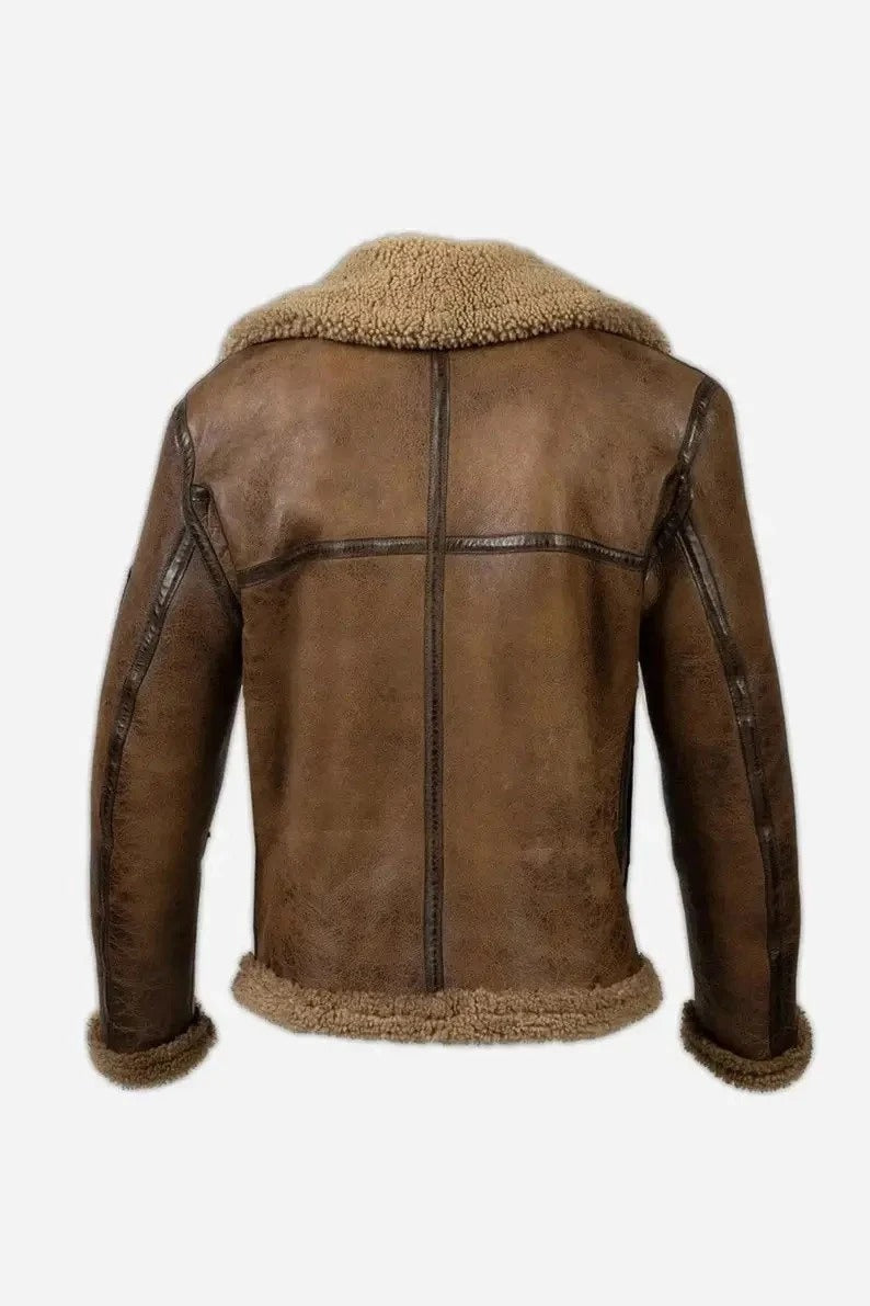 Handmade B3 Bomber Aviator Shearling Fur Jacket | Sheepskin Shearling Fur Flying pilot Winter Jacket | Men's Brown RAF Real Leather Jacket - LEATHER CHAPTER