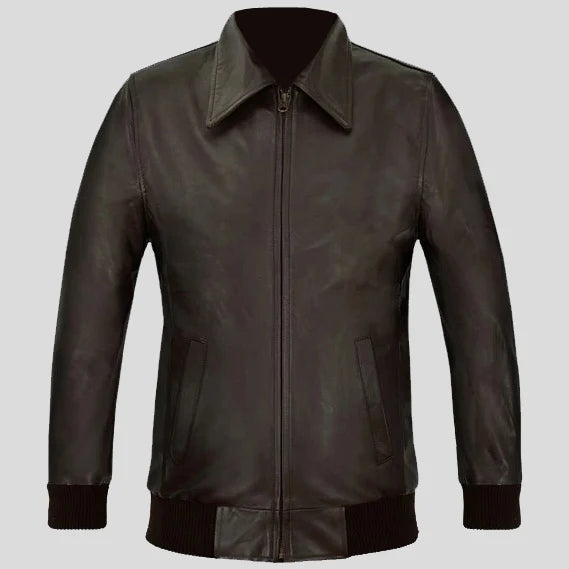 Men Brown Wax Classic Bomber Leather Jacket