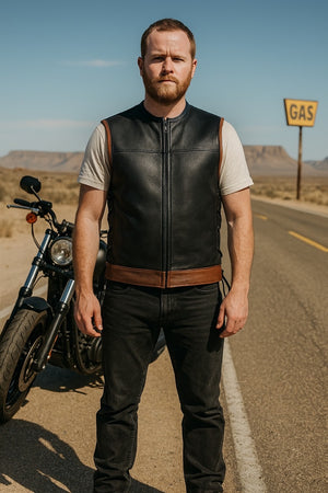 Men's Black Leather Biker Vest with Brown Trim – Zipper Front & Side Laces - LEATHER CHAPTER
