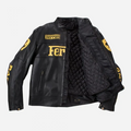 Front view of a black leather Ferrari Racing jacket with bold yellow Ferrari and Michelin logos on a white background.