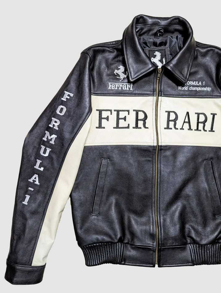 Close-up of the jacket's collar area showing the "World Championship" and Ferrari prancing horse embroidery details.