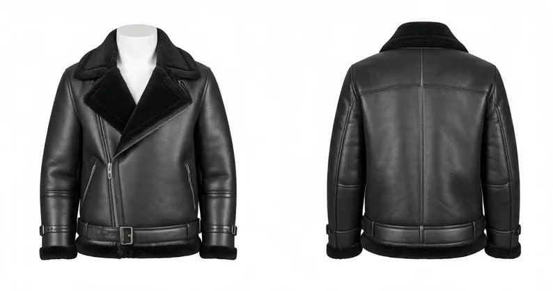 Handmade Black B3 Bomber Aviator Shearling Fur Jacket | Sheepskin Shearling Fur Flying pilot Winter Jacket | Men's RAF Real Leather Jacket - LEATHER CHAPTER