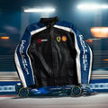 Ferrari blue and white racing jacket in genuine leather with embroidered Ferrari logos.