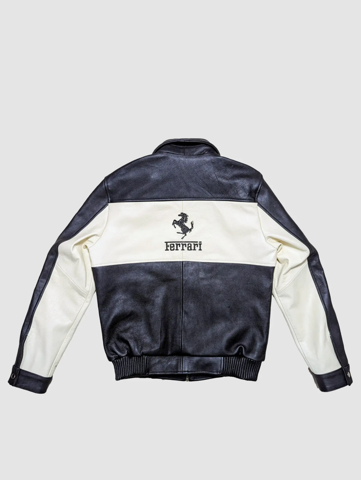 Back view of the black and off-white Ferrari F1 leather jacket, prominently featuring the embroidered prancing horse logo.