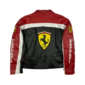 Ferrari F1 Racing Leather Jacket – Black Red White Motorsport Jacket with Logos - LEATHER CHAPTER