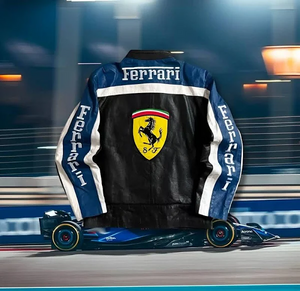 Front view Ferrari racing leather jacket with blue and white sleeves and Ferrari chest patches.
