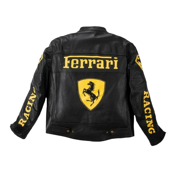 Back view of the black leather Ferrari Racing jacket showing the large yellow Ferrari text and Scuderia prancing horse shield.
