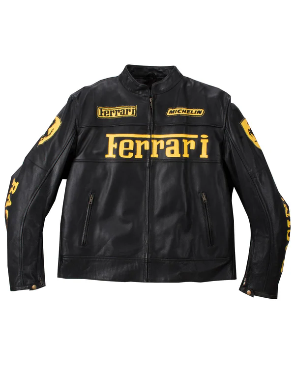 Inside view of the black leather Ferrari Racing jacket, revealing the comfortable black diamond-quilted inner lining.