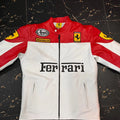 Front view of Ferrari red and white racing leather jacket with Arai and Michelin logos