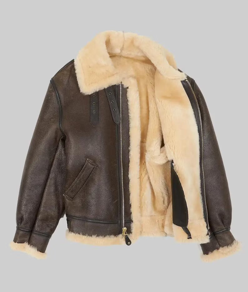 Men's Brown Shearling Fur Leather Jacket, B3 Bomber RAF Style Jacket, Real Sheepskin Leather Jacket, Aviator Leather Jacket, Gift For Him - LEATHER CHAPTER