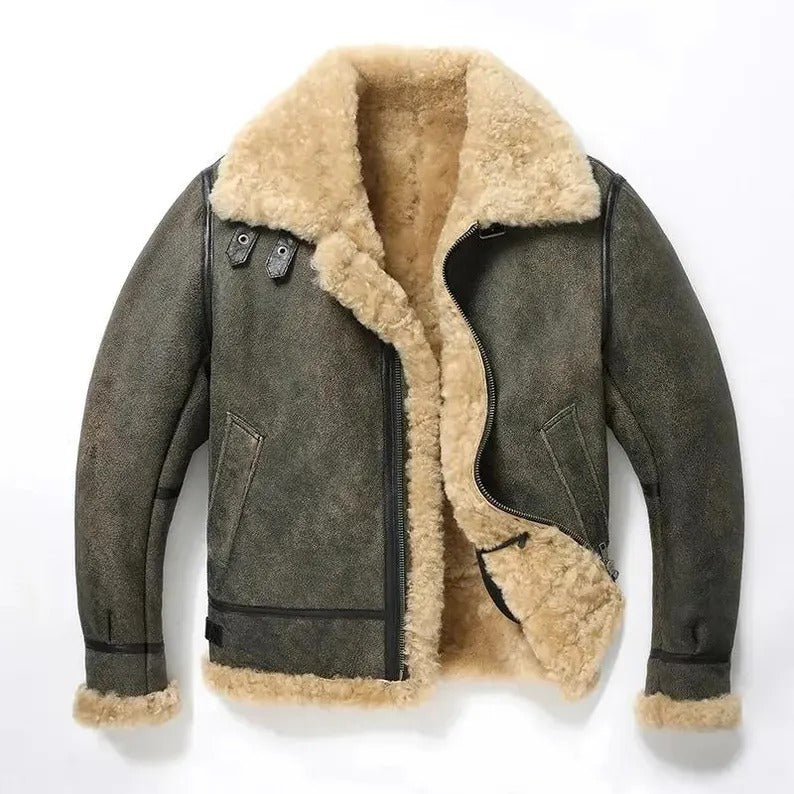 Men's Dark Green Aviator Bomber RAF B3 Winter Jacket, Style Flying Pilot, Warm Shearling Fur Real Sheepskin Leather Jacket, - LEATHER CHAPTER