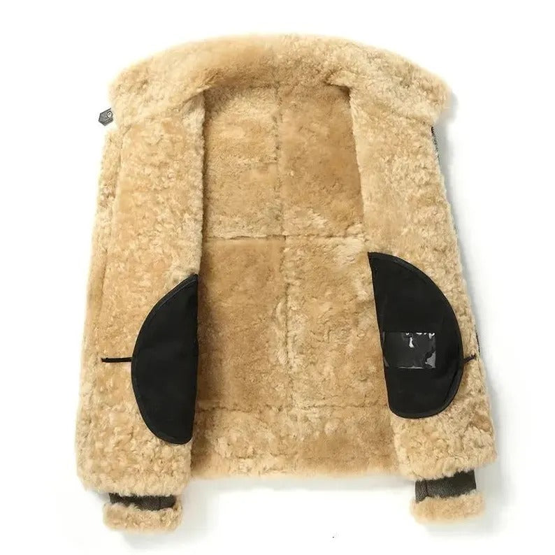 Men's Dark Green Aviator Bomber RAF B3 Winter Jacket, Style Flying Pilot, Warm Shearling Fur Real Sheepskin Leather Jacket, - LEATHER CHAPTER