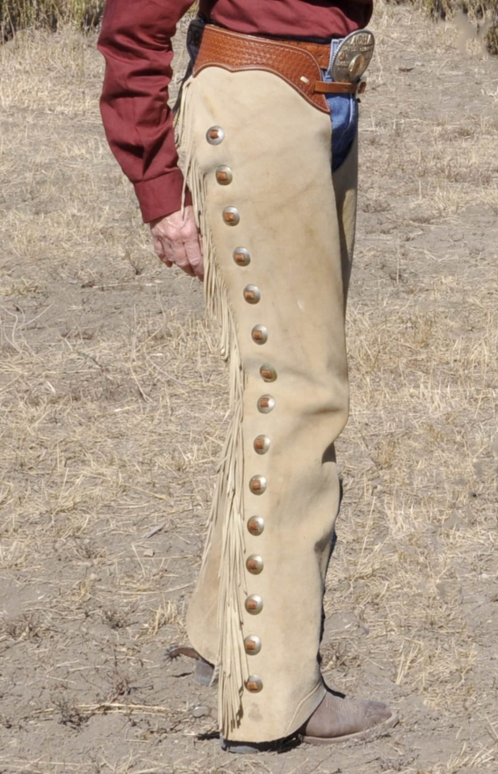 Handmade Cowboy Buck Skin Suede Leather Pant Rodeo Chap Mountain Men Western Beige Suede Chap , Horse Gifts for Men - LEATHER CHAPTER