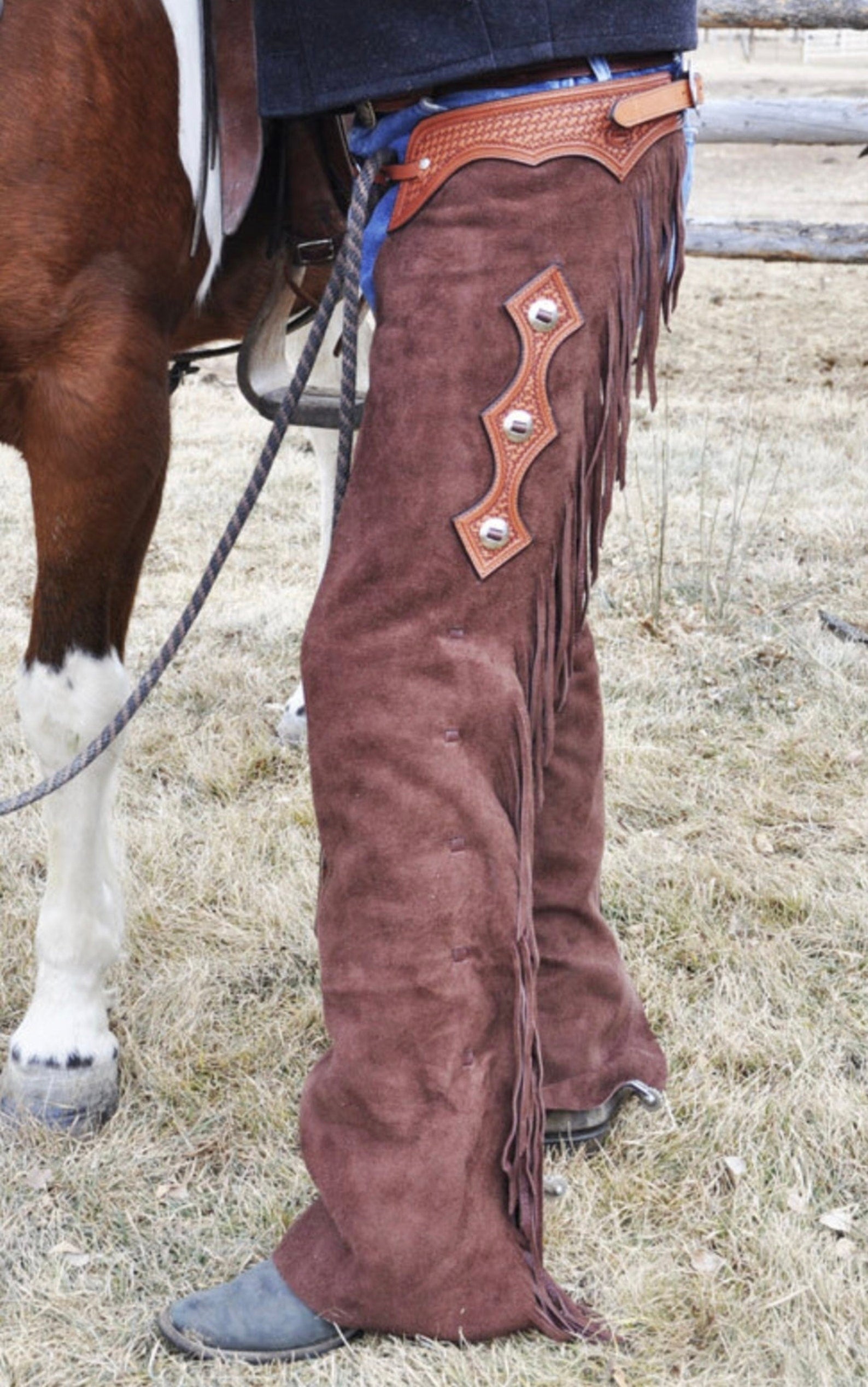 Handmade Cowboy Buck Skin Suede Leather Pant Rodeo Chap Mountain Men Western Redish Suede Chap , Horse Gifts for Men - LEATHER CHAPTER