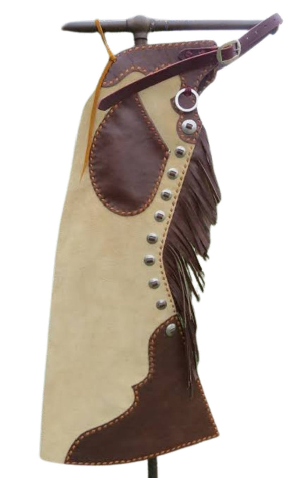 Leather Chap Beige Suede Fringes Style Braided Chap Western Cowboy Chap Mountain Men Rodeo pant Chap, Horse Gifts For Men , Gifts For Cowboy - LEATHER CHAPTER
