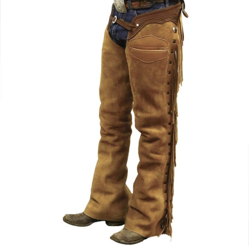 Leather Chap Golden Brown Suede Fringes Style Braided Chap Western Cowboy Chap Horse Riding Chap Rodeo Chap Gifts For Men , Gifts For Cowboy - LEATHER CHAPTER