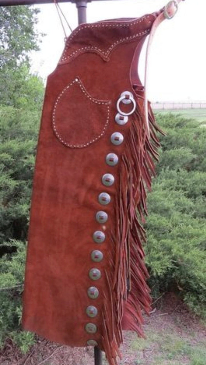 Leather Chap Red Suede Fringes Style Braided Chap Western Cowboy Chap Horse Riding Chap Native Rodeo Chap Gifts For Men , Gifts For Cowboy - LEATHER CHAPTER