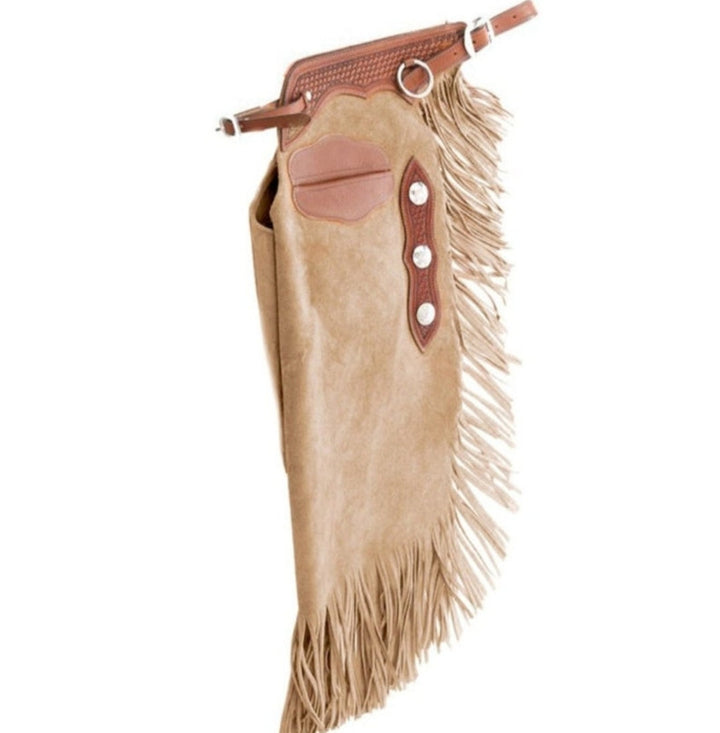 Handmade Cowboy Suede Leather Pant Rodeo Chap Mountain Men Western Light Beige Fringes Style chap , Horse Gifts For Men - LEATHER CHAPTER