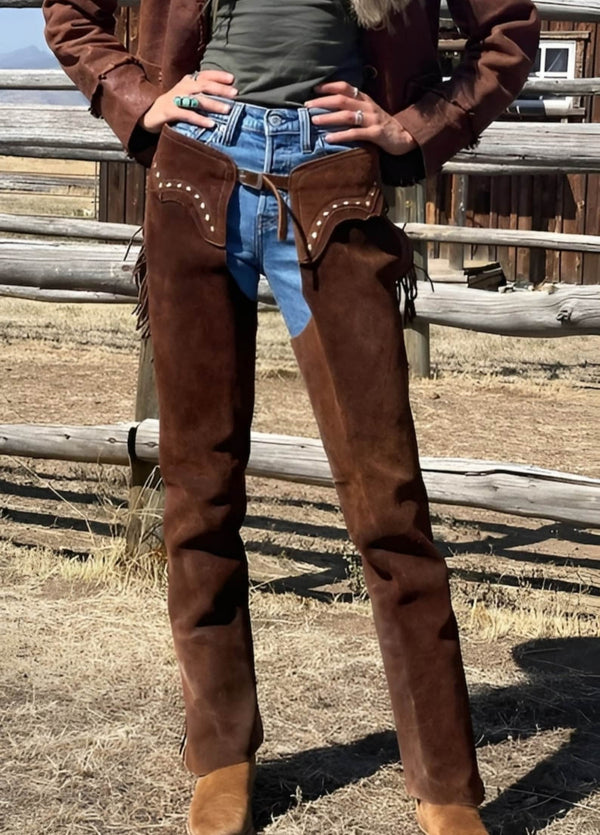 Handmade Cowgirl Chap Buckskin Suede Brown Leather Pant Rodeo Chap Western Leather Chap Suede Mountain Men Gifts For Her , Gifts For Women