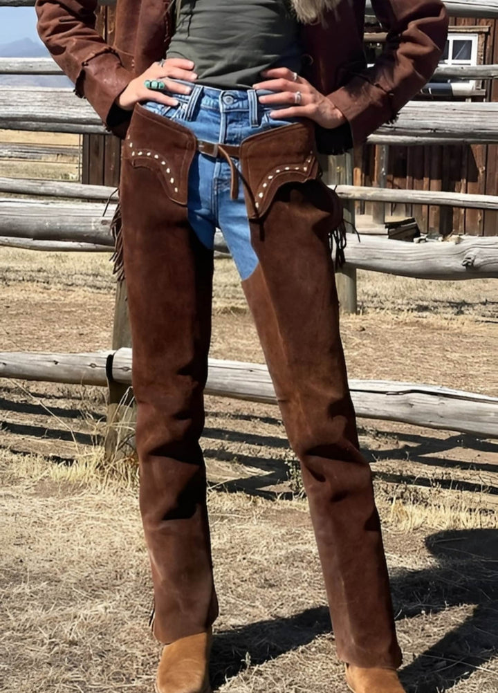 Handmade Cowgirl Chap Buckskin Suede Brown Leather Pant Rodeo Chap Western Leather Chap Suede Mountain Men Gifts For Her , Gifts For Women - LEATHER CHAPTER