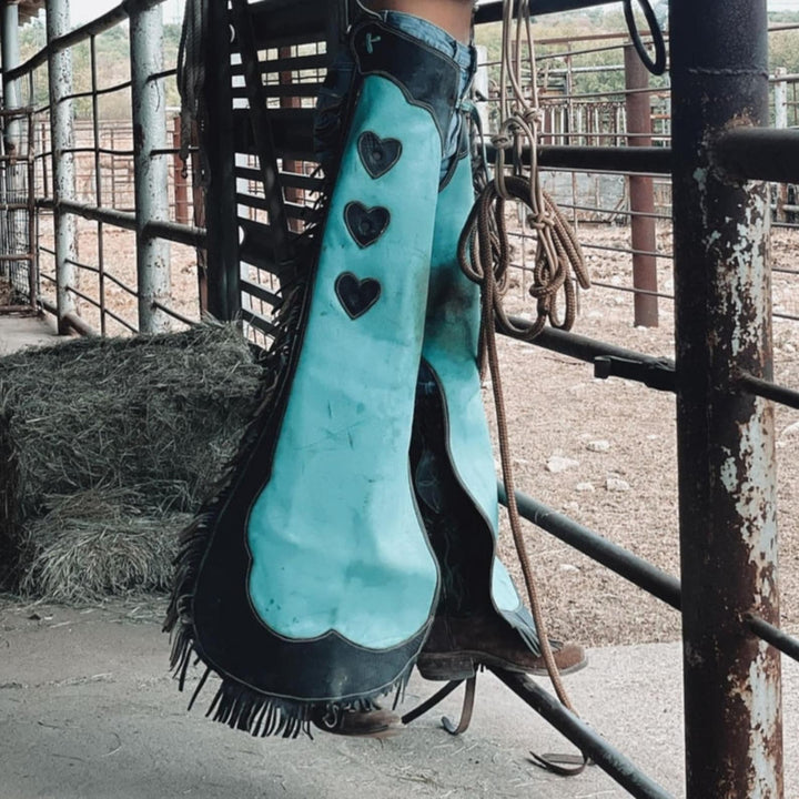 Handmade Cowgirl Chap Leather Chap Turquoise & Black Ladies Pant Rodeo chap Western Girls Accessories Gifts For Her , Gifts For Women - LEATHER CHAPTER