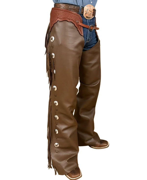 Native American cowhide Brown Leather Pant Chap Handmade Western Cowboy Chap Mountain Men , Horse Gifts For Men - LEATHER CHAPTER