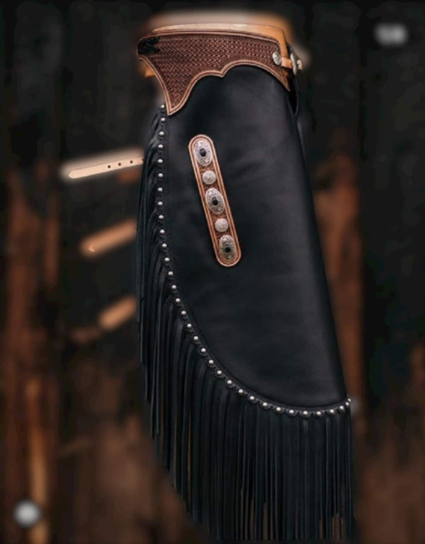 Native American Cowhide Black Canchoo Style Leather Pant Chap Handmade Western Cowboy Chap Mountain Men Western Chaps gifts For Men - LEATHER CHAPTER