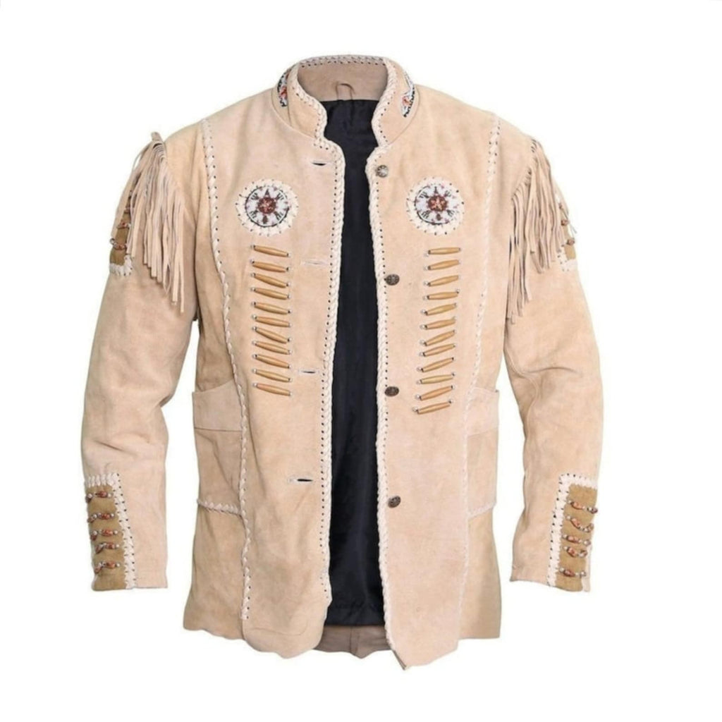 Men's native American Handmade Suede Leather Jacket Western Jacket With Fringes Eagle Beige Mountain Buckskin Leather Jacket Coat - LEATHER CHAPTER